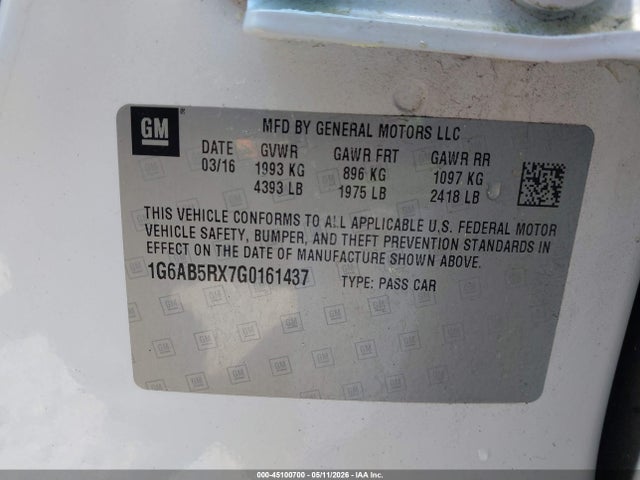 Aukcja sprzedaży 2016 Cadillac Ats Luxury Collection, vin: 1G6AB5RX7G0161437, numer aukcji: 45100700