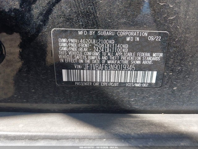 45100701 :رقم المزاد ، JF1VBAF63N9019345 vin ، 2022 Subaru Wrx Premium مزاد بيع