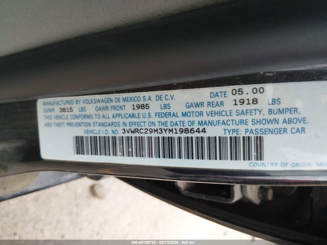 Продаж на аукціоні авто 2000 Volkswagen Jetta Gl, vin: 3VWRC29M3YM198644, номер лоту: 45100725