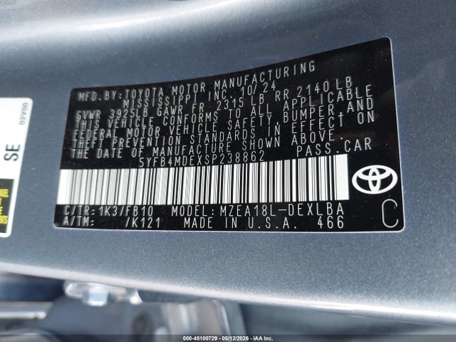 5YFB4MDEXSP238862 Toyota COROLLA LE