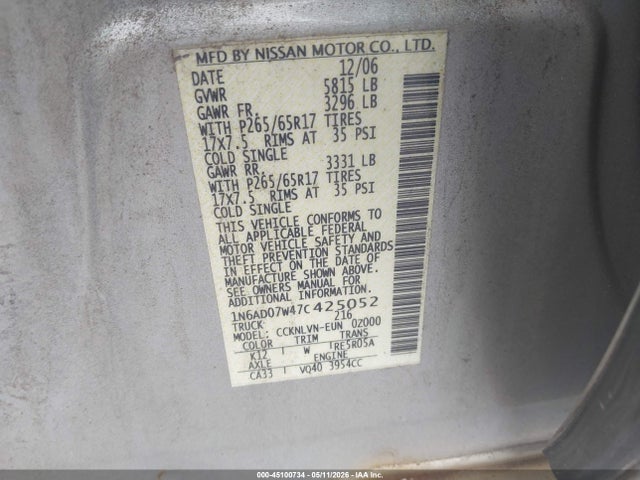Aukcja sprzedaży 2007 Nissan Frontier Le, vin: 1N6AD07W47C425052, numer aukcji: 45100734