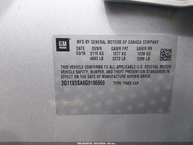 Aukcja sprzedaży 2016 Chevrolet Impala 1fl, vin: 2G11X5SA6G9186669, numer aukcji: 45100738