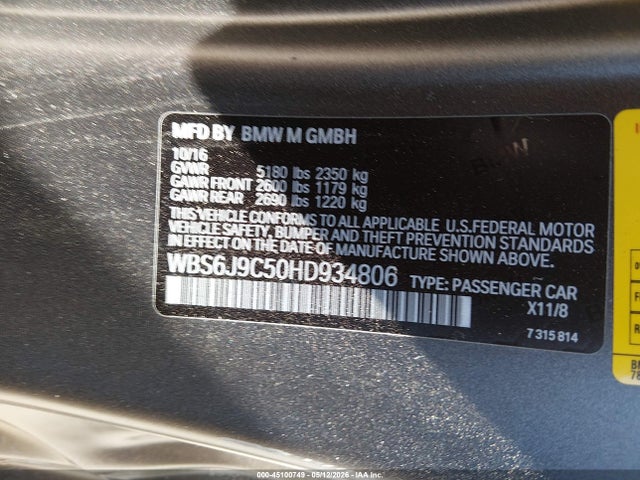 Продажа на аукционе авто 2017 Bmw M6, vin: WBS6J9C50HD934806, номер лота: 45100749
