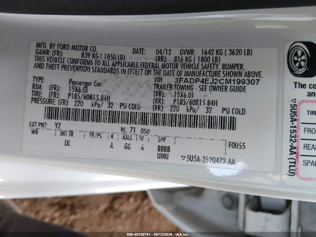2012 Ford Fiesta Se მანქანა იყიდება აუქციონზე, vin: 3FADP4EJ2CM199307, აუქციონის ნომერი: 45100751