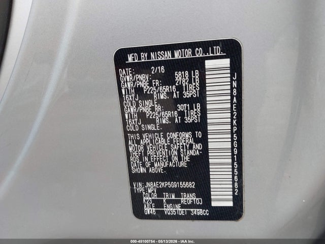 Aukcja sprzedaży 2016 Nissan Quest Platinum/s/sl/sv, vin: JN8AE2KP5G9155682, numer aukcji: 45100754