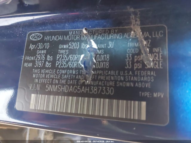 Aukcja sprzedaży 2010 Hyundai Santa Fe Se, vin: 5NMSHDAG5AH387330, numer aukcji: 45100758