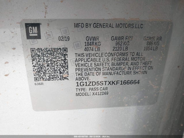 Продажа на аукционе авто 2019 Chevrolet Malibu Lt, vin: 1G1ZD5STXKF166664, номер лота: 45100759
