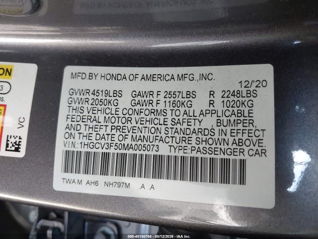 45100768 :رقم المزاد ، 1HGCV3F50MA005073 vin ، 2021 Honda Accord Hybrid Ex-l مزاد بيع