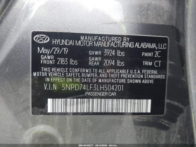 Aukcja sprzedaży 2020 Hyundai Elantra Se, vin: 5NPD74LF3LH504201, numer aukcji: 45100777
