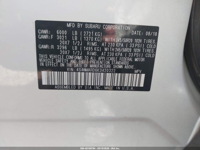 Aukcja sprzedaży 2019 Subaru Ascent Touring, vin: 4S4WMARD6K3420322, numer aukcji: 45100794