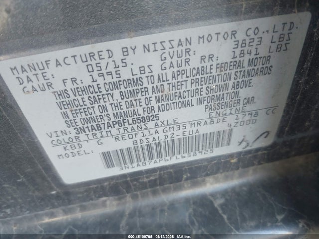 45100795 :رقم المزاد ، 3N1AB7AP6FL658925 vin ، 2015 Nissan Sentra Sv مزاد بيع