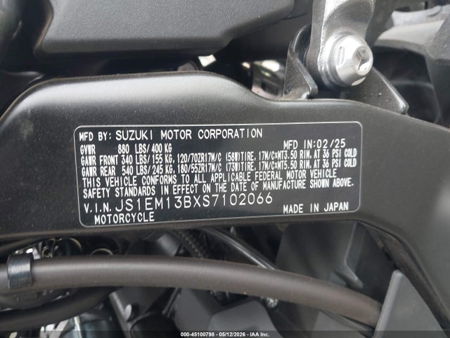 Продаж на аукціоні авто 2025 Suzuki Gsx800 F, vin: JS1EM13BXS7102066, номер лоту: 45100798