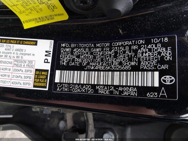 Продаж на аукціоні авто 2019 Toyota Corolla Xse, vin: JTNK4RBE6K3025685, номер лоту: 45100799