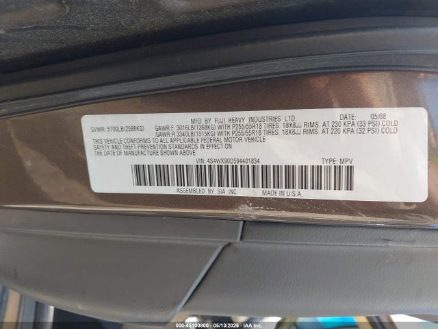 45100800 :رقم المزاد ، 4S4WX90D594401834 vin ، 2009 Subaru Tribeca Limited 7-passenger مزاد بيع