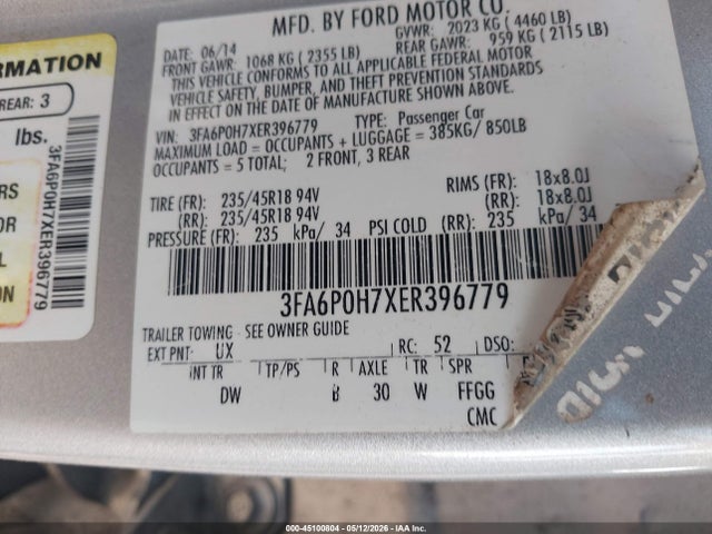 Aukcja sprzedaży 2014 Ford Fusion Se, vin: 3FA6P0H7XER396779, numer aukcji: 45100804