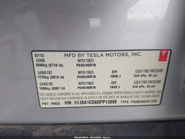 Продаж на аукціоні авто 2013 Tesla Model S, vin: 5YJSA1CG6DFP13898, номер лоту: 45100810