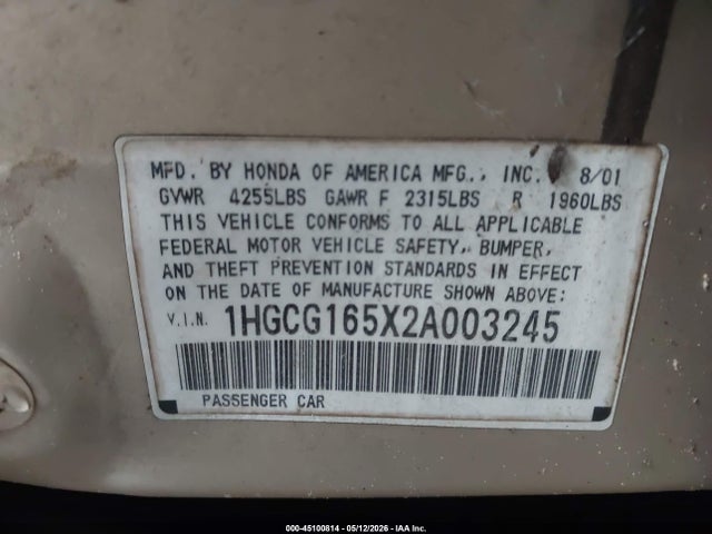 Aukcja sprzedaży 2002 Honda Accord 3.0 Ex, vin: 1HGCG165X2A003245, numer aukcji: 45100814