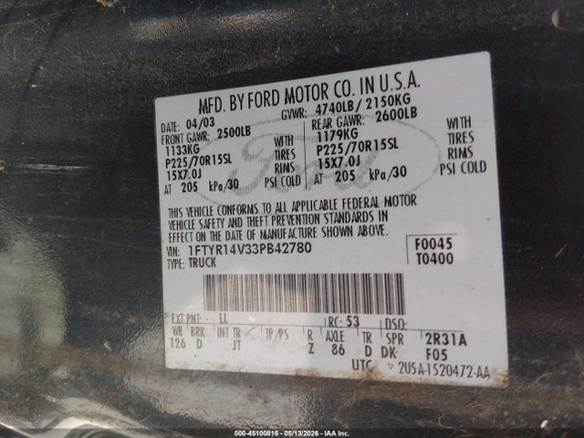 Aukcja sprzedaży 2003 Ford Ranger Edge/tremor/xl/xlt, vin: 1FTYR14V33PB42780, numer aukcji: 45100815
