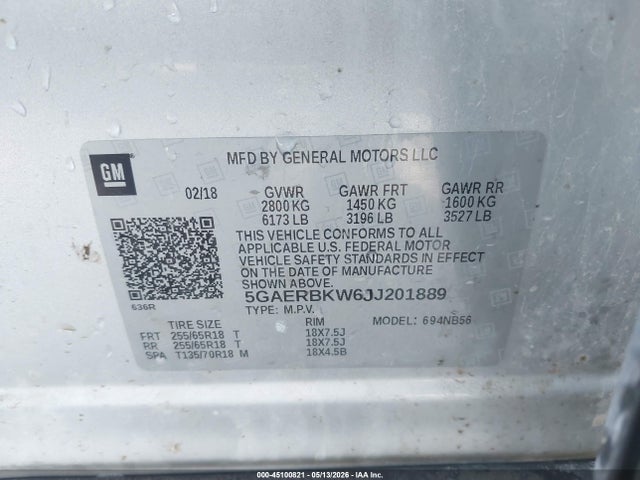 45100821 :رقم المزاد ، 5GAERBKW6JJ201889 vin ، 2018 Buick Enclave Essence مزاد بيع