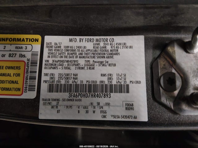 Aukcja sprzedaży 2017 Ford Fusion Se, vin: 3FA6P0HD7HR407893, numer aukcji: 45100822