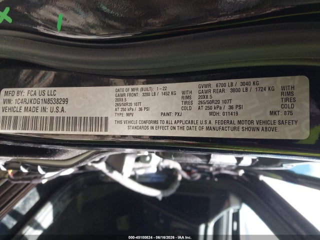 Aukcja sprzedaży 2022 Jeep Grand Cherokee L Overland 4x4, vin: 1C4RJKDG1N8538299, numer aukcji: 45100824