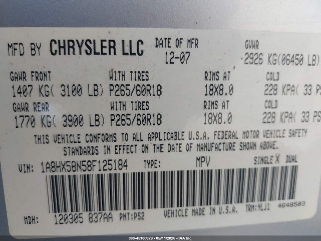 45100828 :رقم المزاد ، 1A8HX58N58F125184 vin ، 2008 Chrysler Aspen Limited مزاد بيع