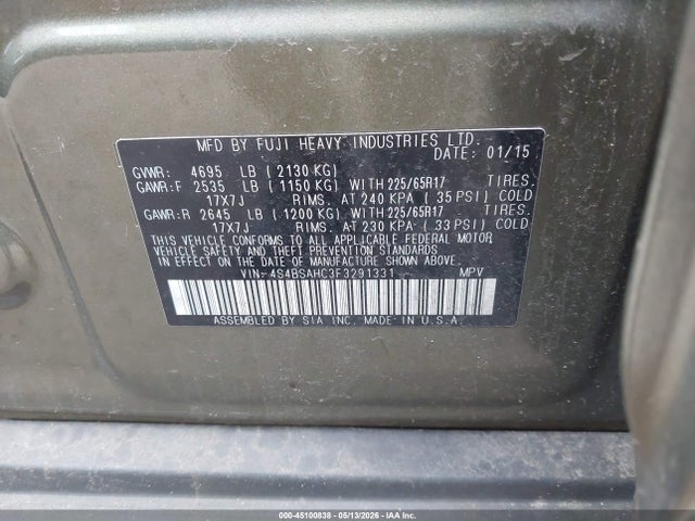 45100838 :رقم المزاد ، 4S4BSAHC3F3291331 vin ، 2015 Subaru Outback 2.5i Premium مزاد بيع