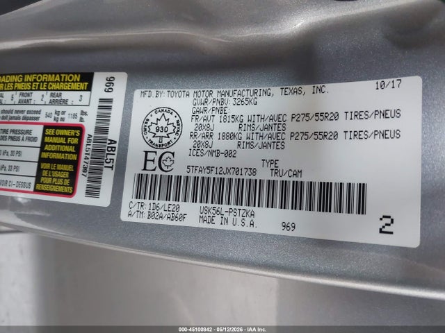 Продаж на аукціоні авто 2018 Toyota Tundra Platinum 5.7l V8, vin: 5TFAY5F12JX701738, номер лоту: 45100842