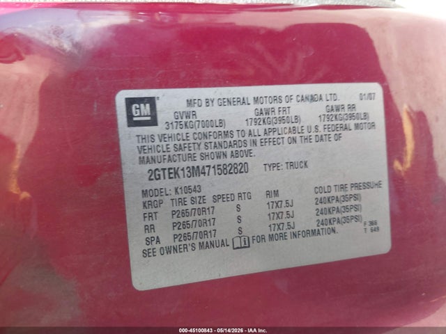 Продажа на аукционе авто 2007 Gmc Sierra 1500 Sle1, vin: 2GTEK13M471582820, номер лота: 45100843
