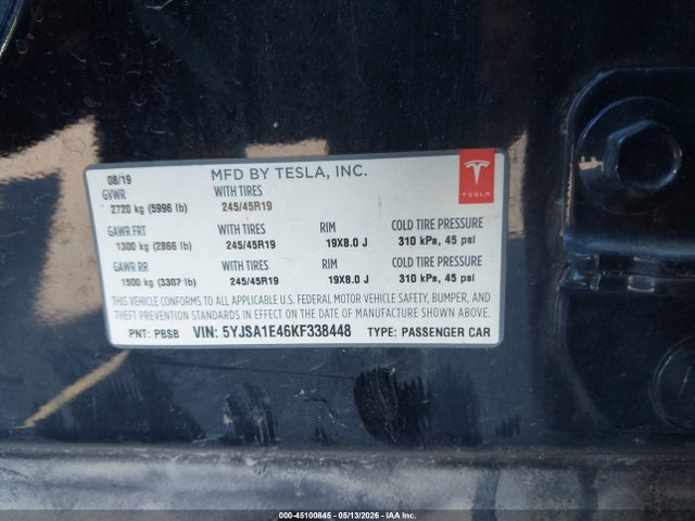 45100845 :رقم المزاد ، 5YJSA1E46KF338448 vin ، 2019 Tesla Model S 100d/long Range/p100d/performance مزاد بيع