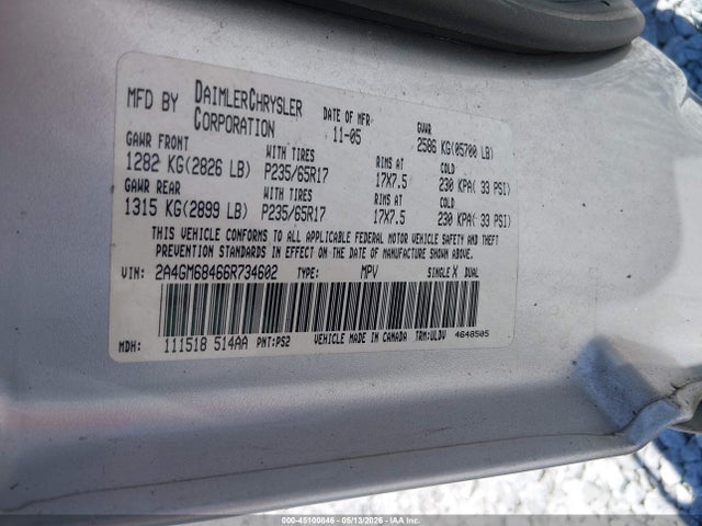 Продаж на аукціоні авто 2006 Chrysler Pacifica Touring, vin: 2A4GM68466R734602, номер лоту: 45100846
