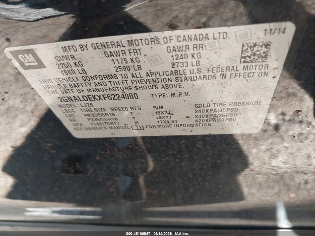Aukcja sprzedaży 2015 Chevrolet Equinox Ltz, vin: 2GNALDEKXF6224980, numer aukcji: 45100847