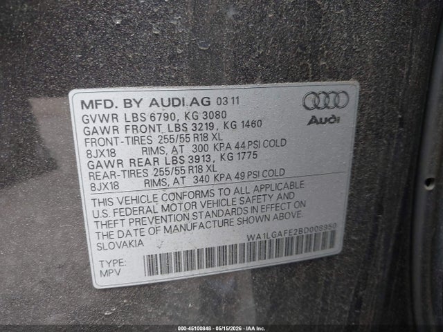 2011 Audi Q7 3.0t Premium მანქანა იყიდება აუქციონზე, vin: WA1LGAFE2BD008950, აუქციონის ნომერი: 45100848