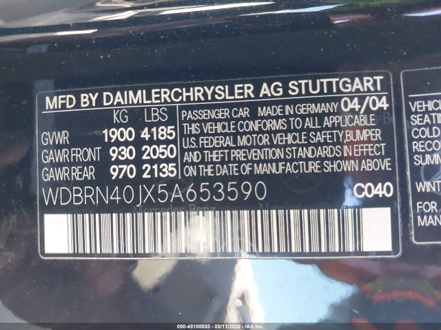 Aukcja sprzedaży 2005 Mercedes-benz C 230 Kompressor Sport, vin: WDBRN40JX5A653590, numer aukcji: 45100855