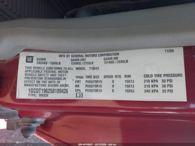 45100857 :رقم المزاد ، 1GCDT196258189426 vin ، 2005 Chevrolet Colorado مزاد بيع