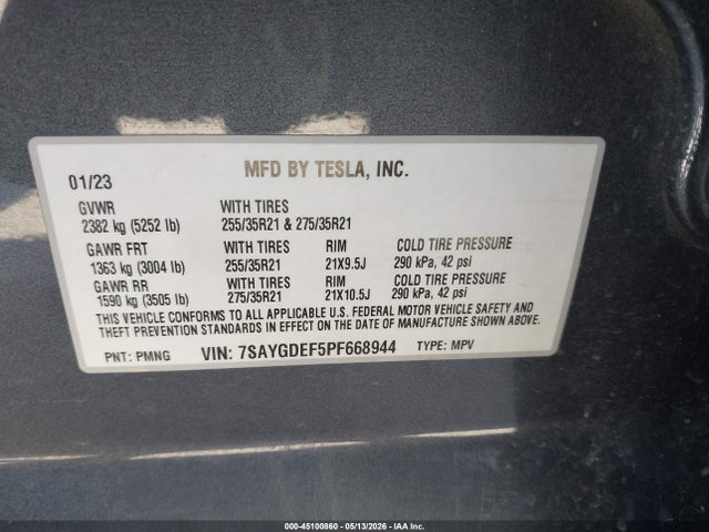 45100860 :رقم المزاد ، 7SAYGDEF5PF668944 vin ، 2023 Tesla Model Y Performance Dual Motor All-wheel Drive مزاد بيع