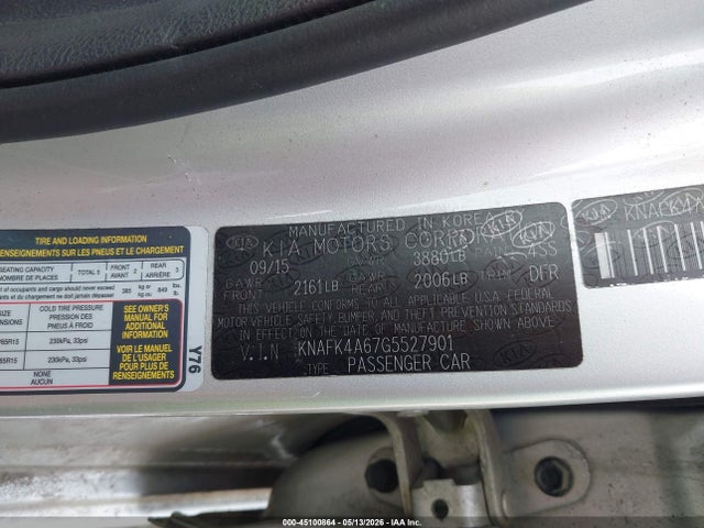 45100864 :رقم المزاد ، KNAFK4A67G5527901 vin ، 2016 Kia Forte Lx مزاد بيع