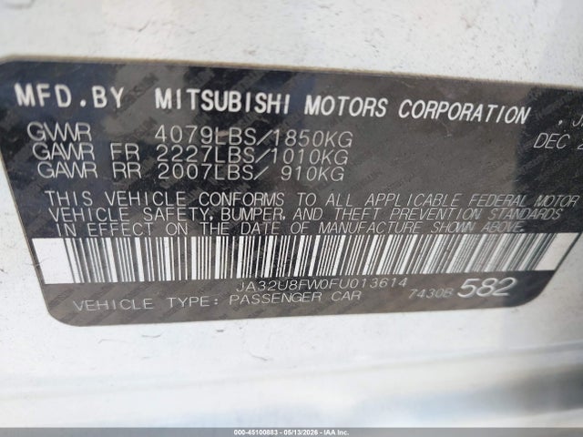 2015 Mitsubishi Lancer Gt მანქანა იყიდება აუქციონზე, vin: JA32U8FW0FU013614, აუქციონის ნომერი: 45100883