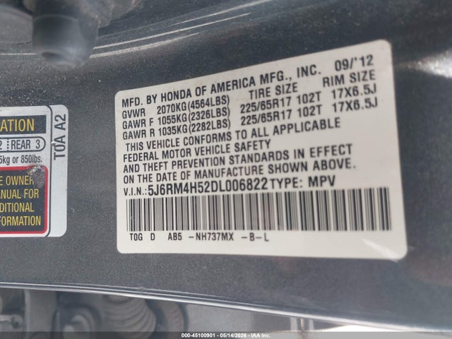 2013 Honda Cr-v Ex მანქანა იყიდება აუქციონზე, vin: 5J6RM4H52DL006822, აუქციონის ნომერი: 45100901