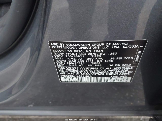 Aukcja sprzedaży 2020 Volkswagen Atlas Cross Sport 3.6l V6 Sel R-line, vin: 1V2RE2CA1LC211525, numer aukcji: 45100910