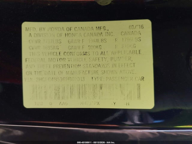 Honda Civic Lx 2016 2HGFC4B53GH302083 Image 9