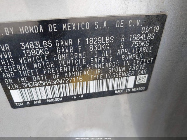 3HGGK5H45KM727116 Honda FIT LX