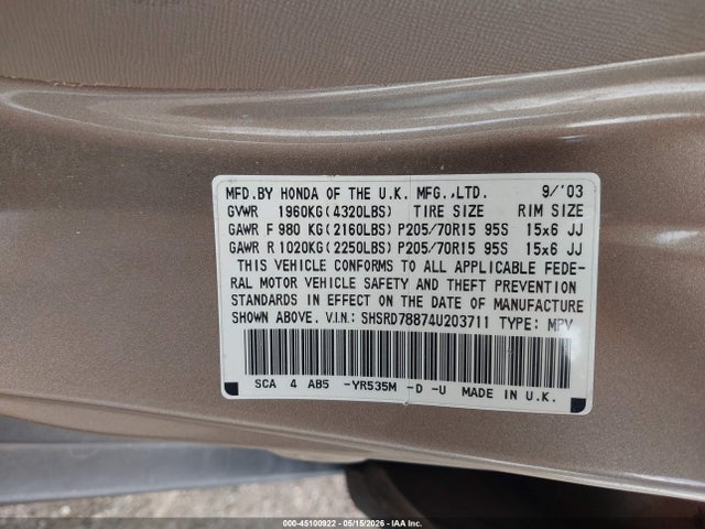 Продажа на аукционе авто 2004 Honda Cr-v Ex, vin: SHSRD78874U203711, номер лота: 45100922