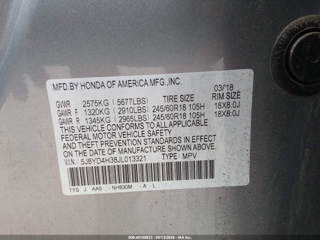 Aukcja sprzedaży 2018 Acura Mdx, vin: 5J8YD4H38JL013321, numer aukcji: 45100923