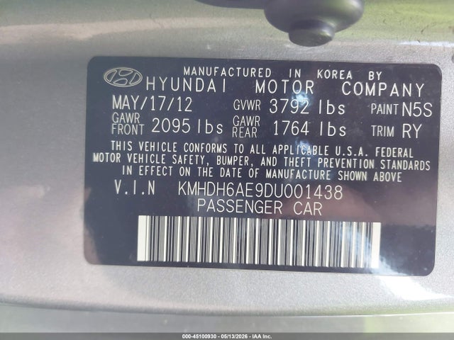 Продаж на аукціоні авто 2013 Hyundai Elantra Se, vin: KMHDH6AE9DU001438, номер лоту: 45100930