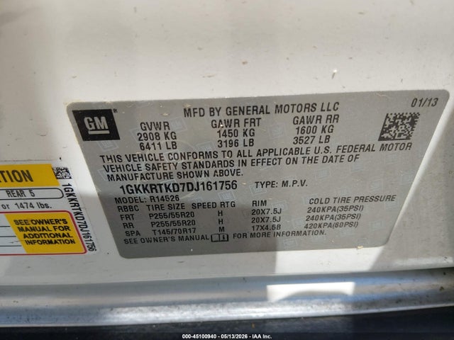 2013 Gmc Acadia Denali მანქანა იყიდება აუქციონზე, vin: 1GKKRTKD7DJ161756, აუქციონის ნომერი: 45100940