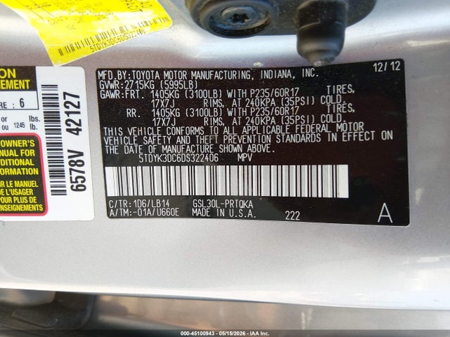 Aukcja sprzedaży 2013 Toyota Sienna Xle V6 8 Passenger, vin: 5TDYK3DC6DS322406, numer aukcji: 45100943