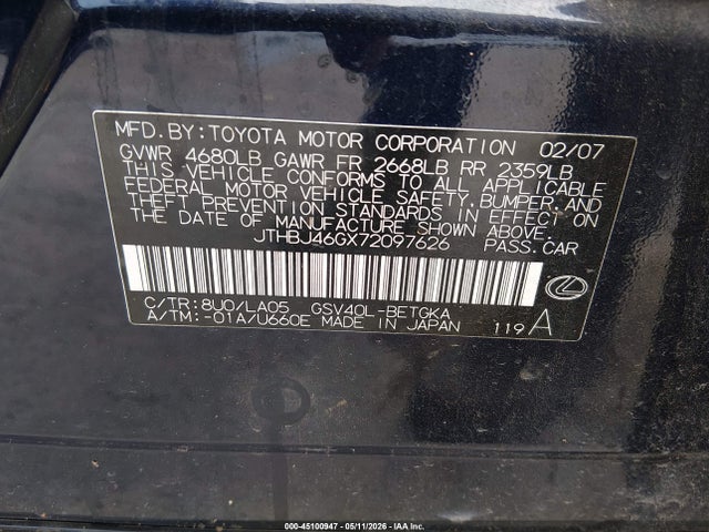45100947 :رقم المزاد ، JTHBJ46GX72097626 vin ، 2007 Lexus Es 350 مزاد بيع
