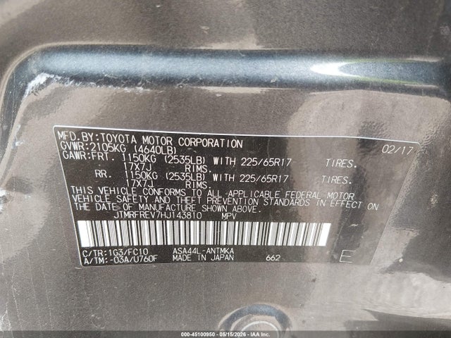 Продажа на аукционе авто 2017 Toyota Rav4 Xle, vin: JTMRFREV7HJ143810, номер лота: 45100950