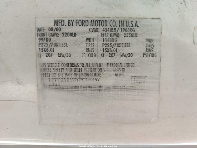Продажа на аукционе авто 2000 Ford Ranger Xl/xlt, vin: 1FTYR10V8YPC06857, номер лота: 45100960